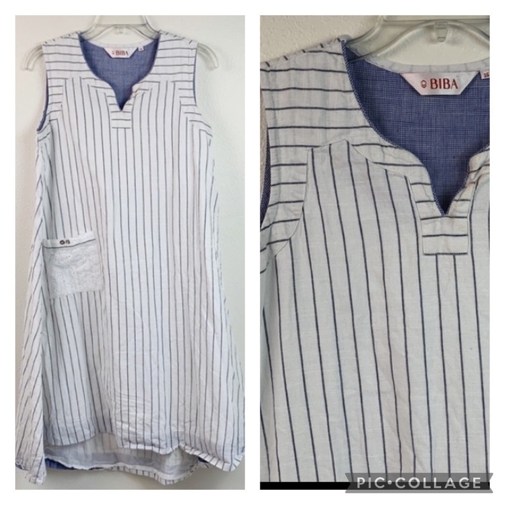 Biba cotton A line Kutra tunic top / dress lined pinstripe sleeveless split neck